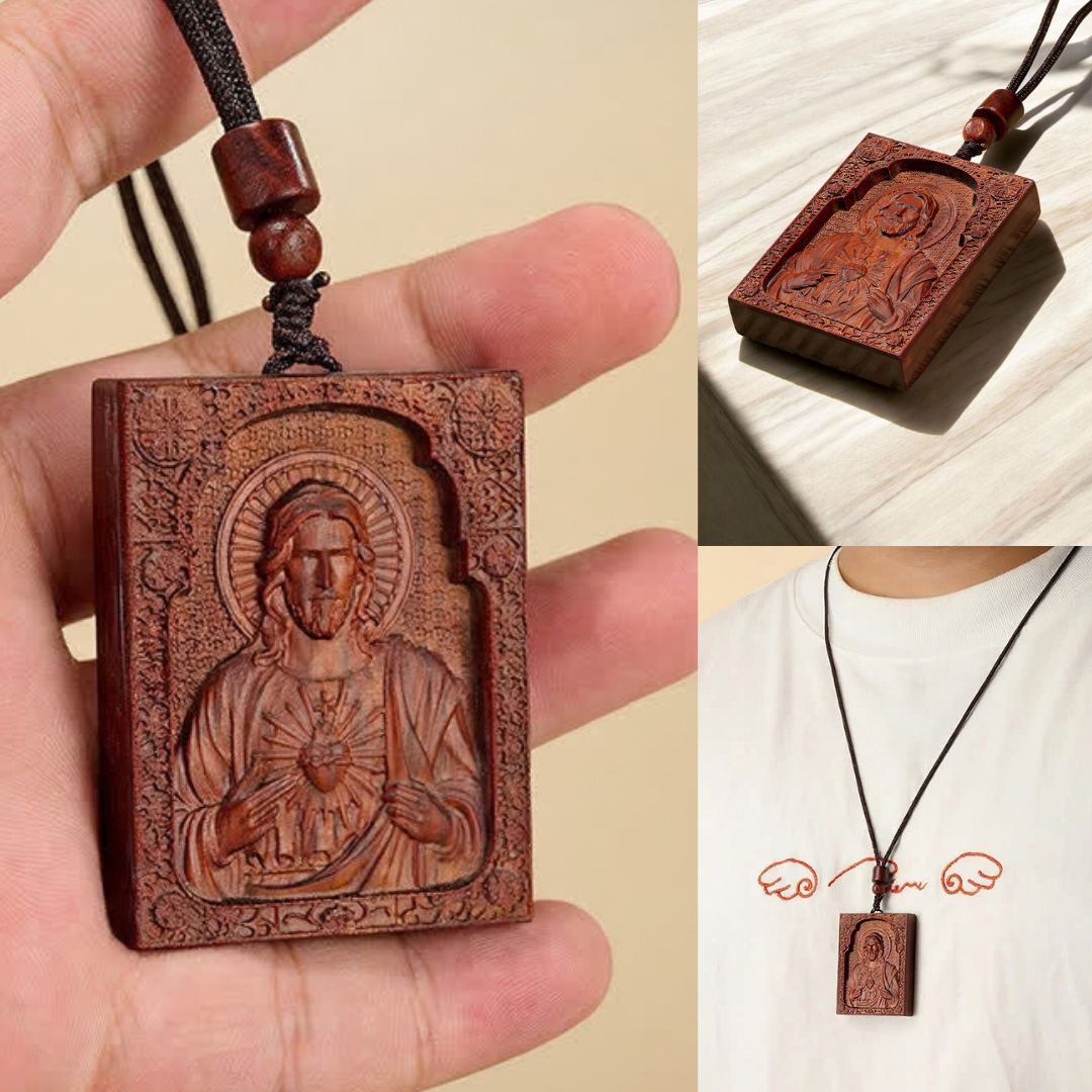 Hand-Carved Sacred Heart Jesus Pendant